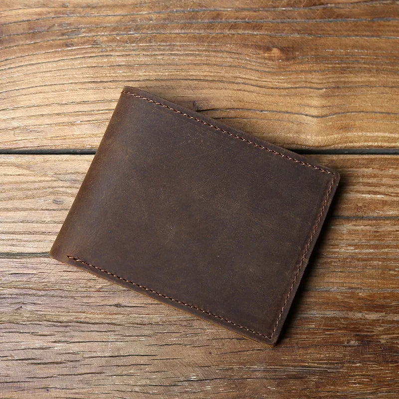 Genuine Leather Wallet for Men – Retro Wallet with 6 Card Slots, Crazy Horse Leather, No Zipper