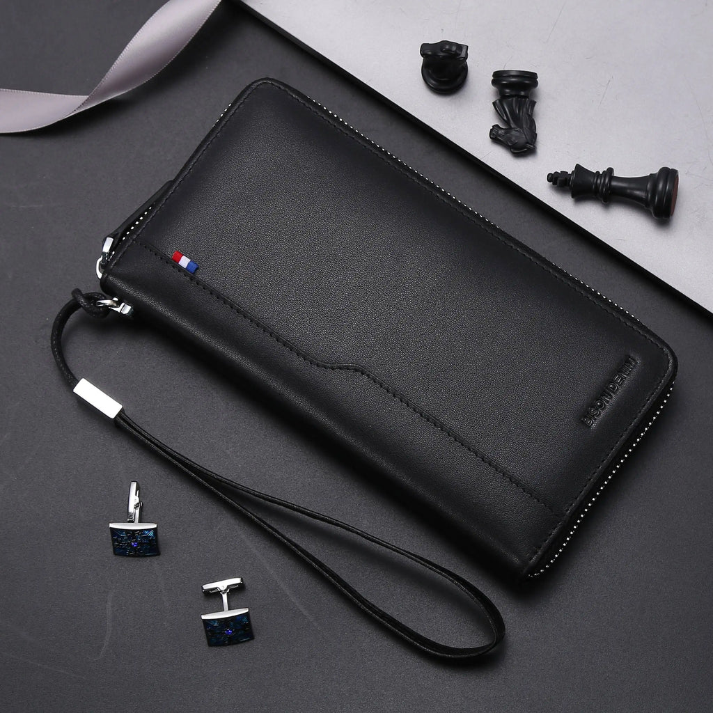 Genuine Leather Long Wallet – RFID Wallet with Zipper, Card Holder, and Coin Pocket