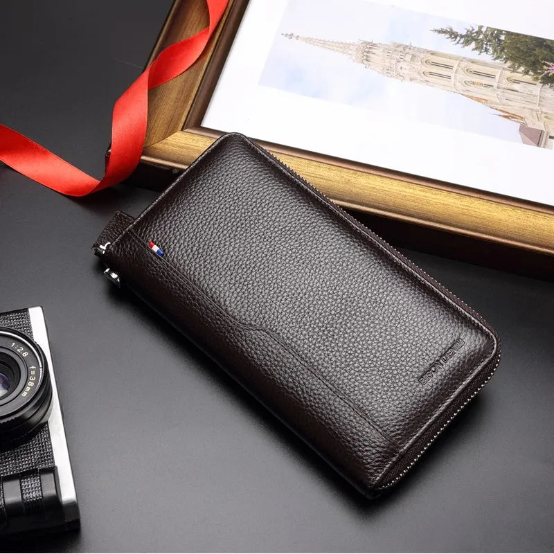 Genuine Leather Long Wallet – RFID Wallet with Zipper, Card Holder, and Coin Pocket