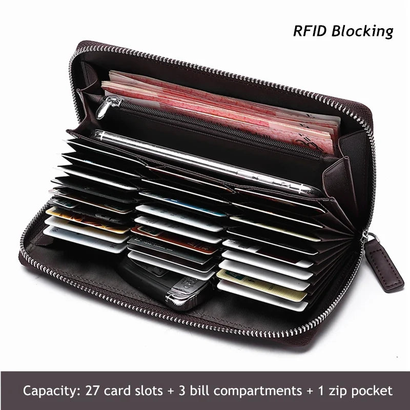 Genuine Leather Long Wallet – RFID Wallet with Zipper, Card Holder, and Coin Pocket