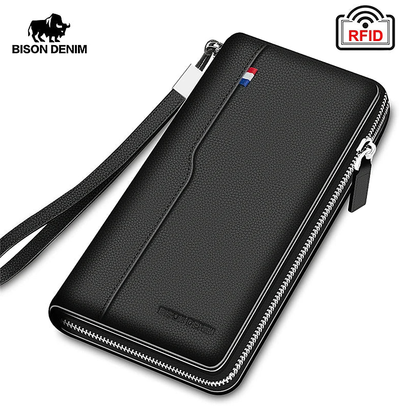 Genuine Leather Long Wallet – RFID Wallet with Zipper, Card Holder, and Coin Pocket Image