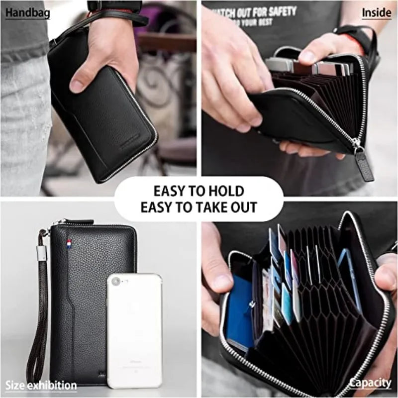 Genuine Leather Long Wallet – RFID Wallet with Zipper, Card Holder, and Coin Pocket