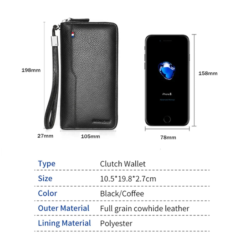 Genuine Leather Long Wallet – RFID Wallet with Zipper, Card Holder, and Coin Pocket