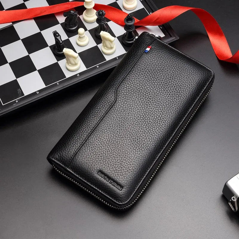 Genuine Leather Long Wallet – RFID Wallet with Zipper, Card Holder, and Coin Pocket