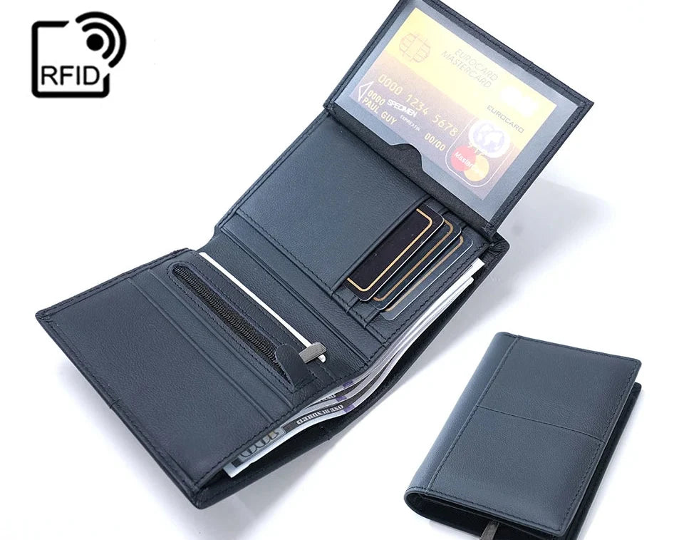 Compact Genuine Leather RFID Wallet with Zip, Card Holder, and Secure Coin Pocket