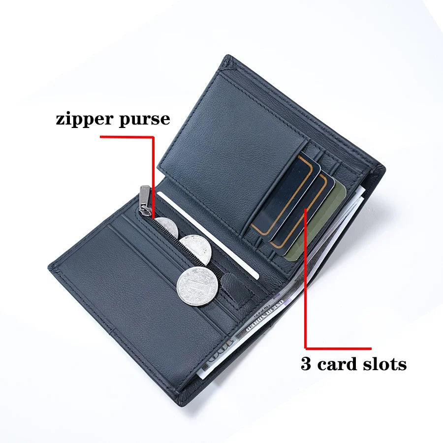 Compact Genuine Leather RFID Wallet with Zip, Card Holder, and Secure Coin Pocket