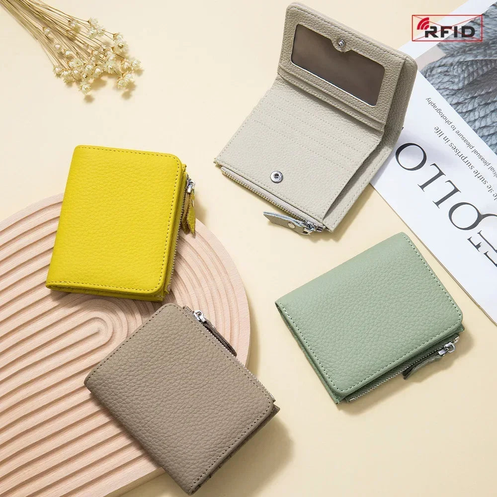 Compact RFID Genuine Leather Zipper Wallet for Cards and Cash