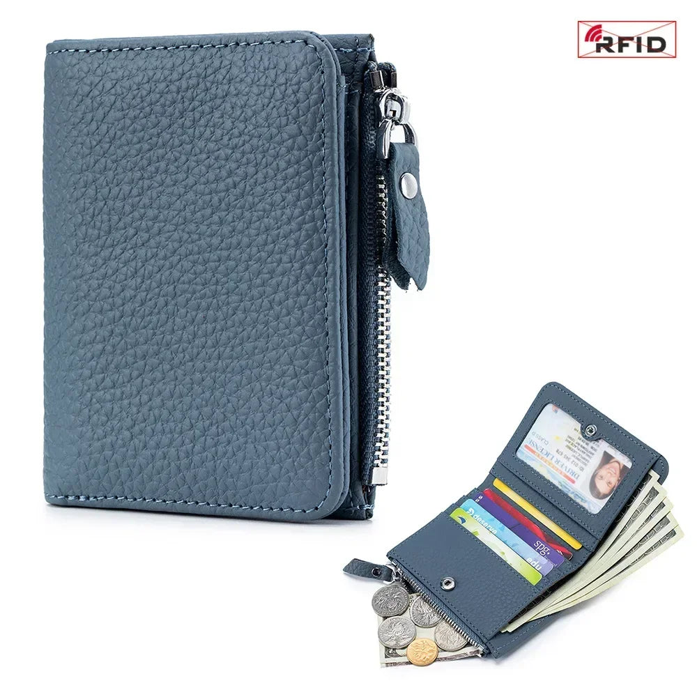 Compact RFID Genuine Leather Zipper Wallet for Cards and Cash