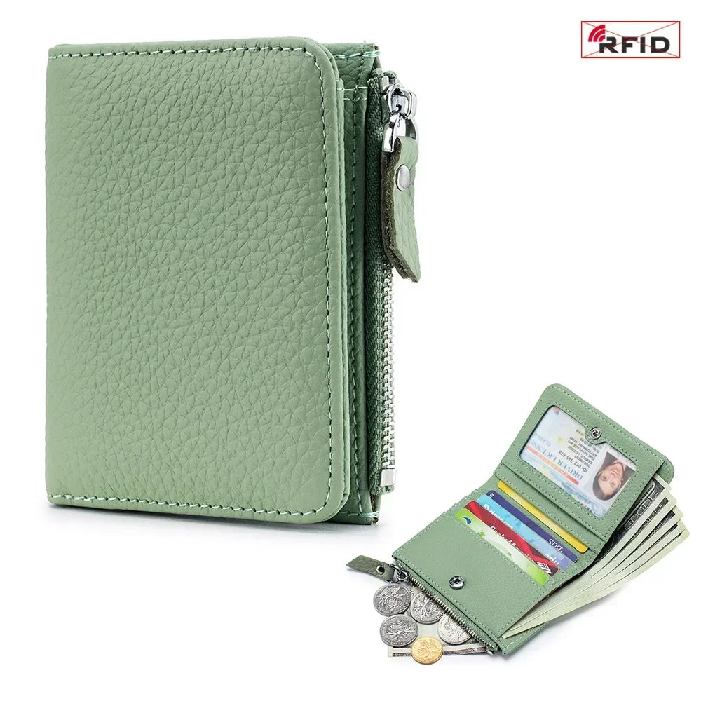 Compact RFID Genuine Leather Zipper Wallet for Cards and Cash