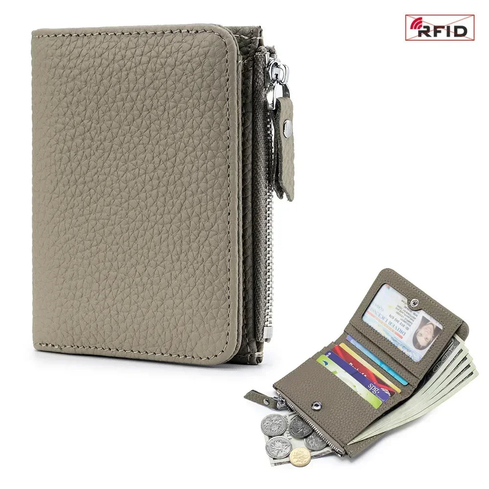 Compact RFID Genuine Leather Zipper Wallet for Cards and Cash