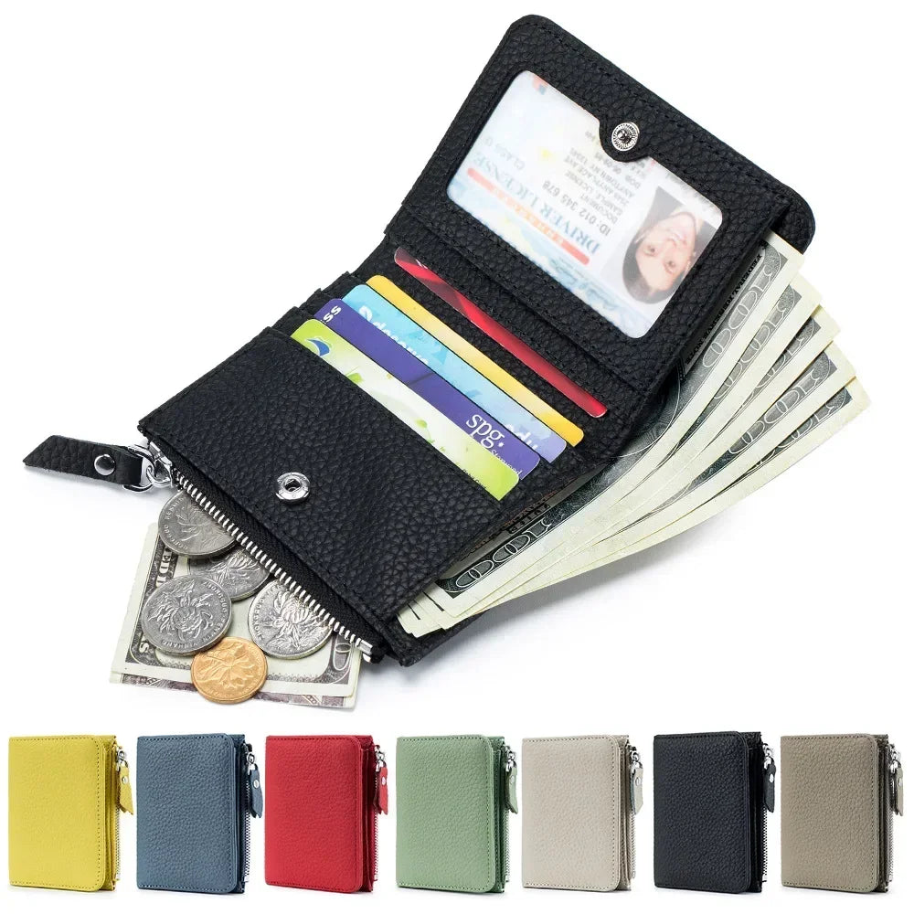 Compact RFID Genuine Leather Zipper Wallet for Cards and Cash Image