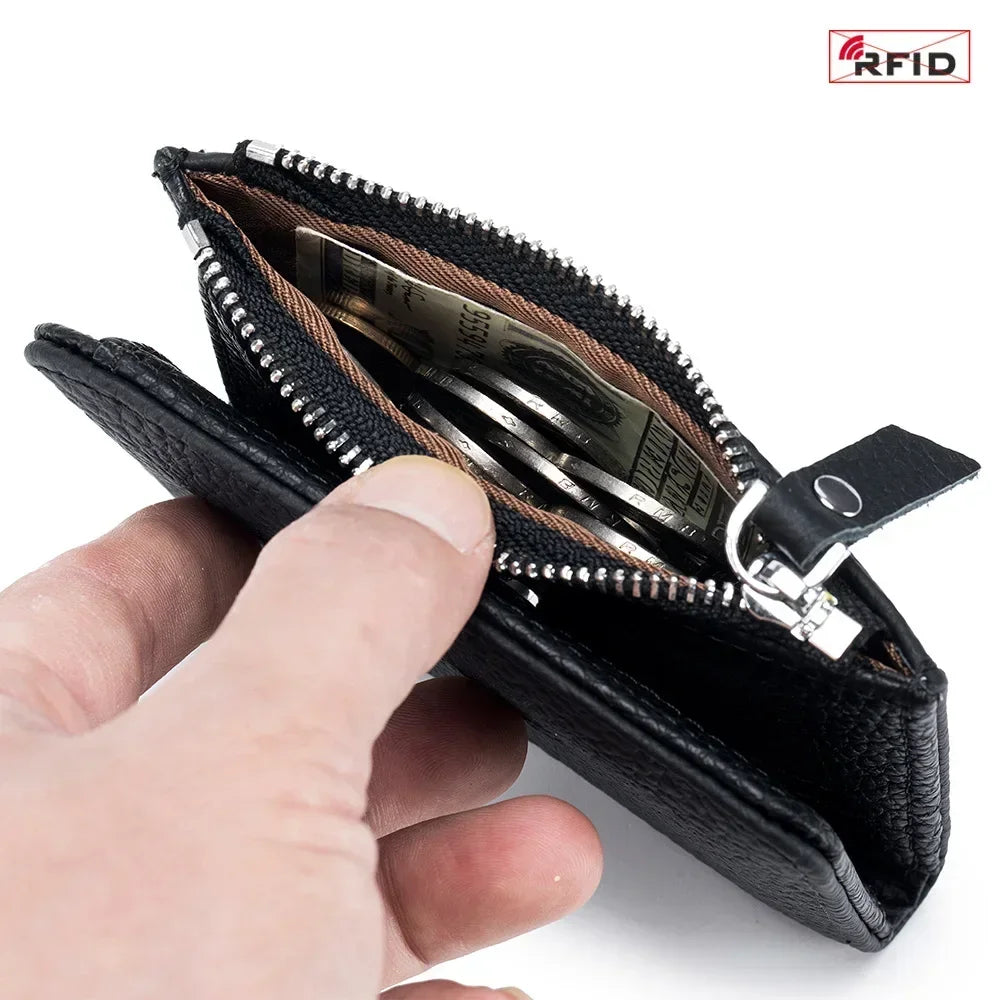 Compact RFID Genuine Leather Zipper Wallet for Cards and Cash