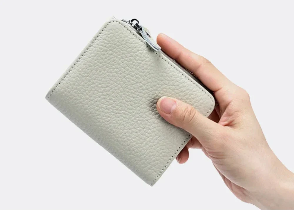 Compact RFID Genuine Leather Zipper Wallet for Cards and Cash