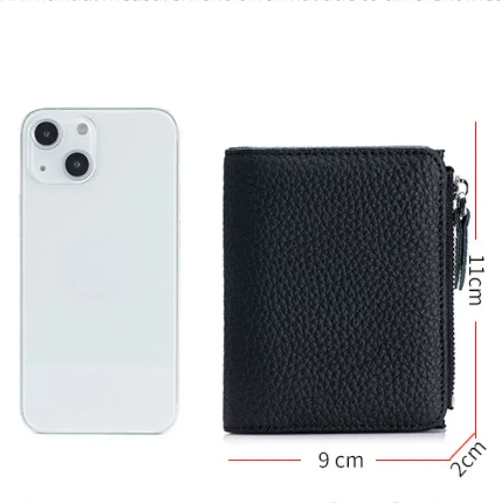 Compact RFID Genuine Leather Zipper Wallet for Cards and Cash