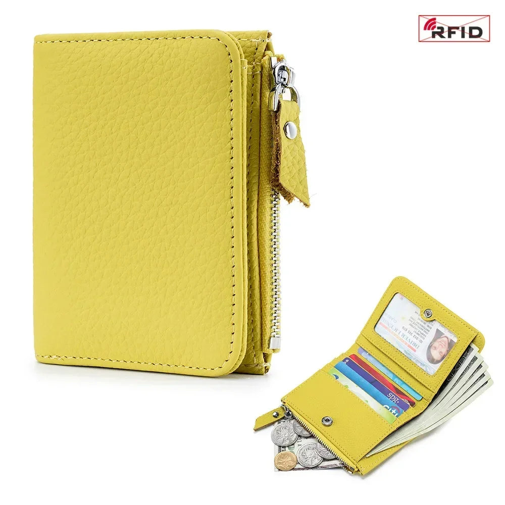 Compact RFID Genuine Leather Zipper Wallet for Cards and Cash