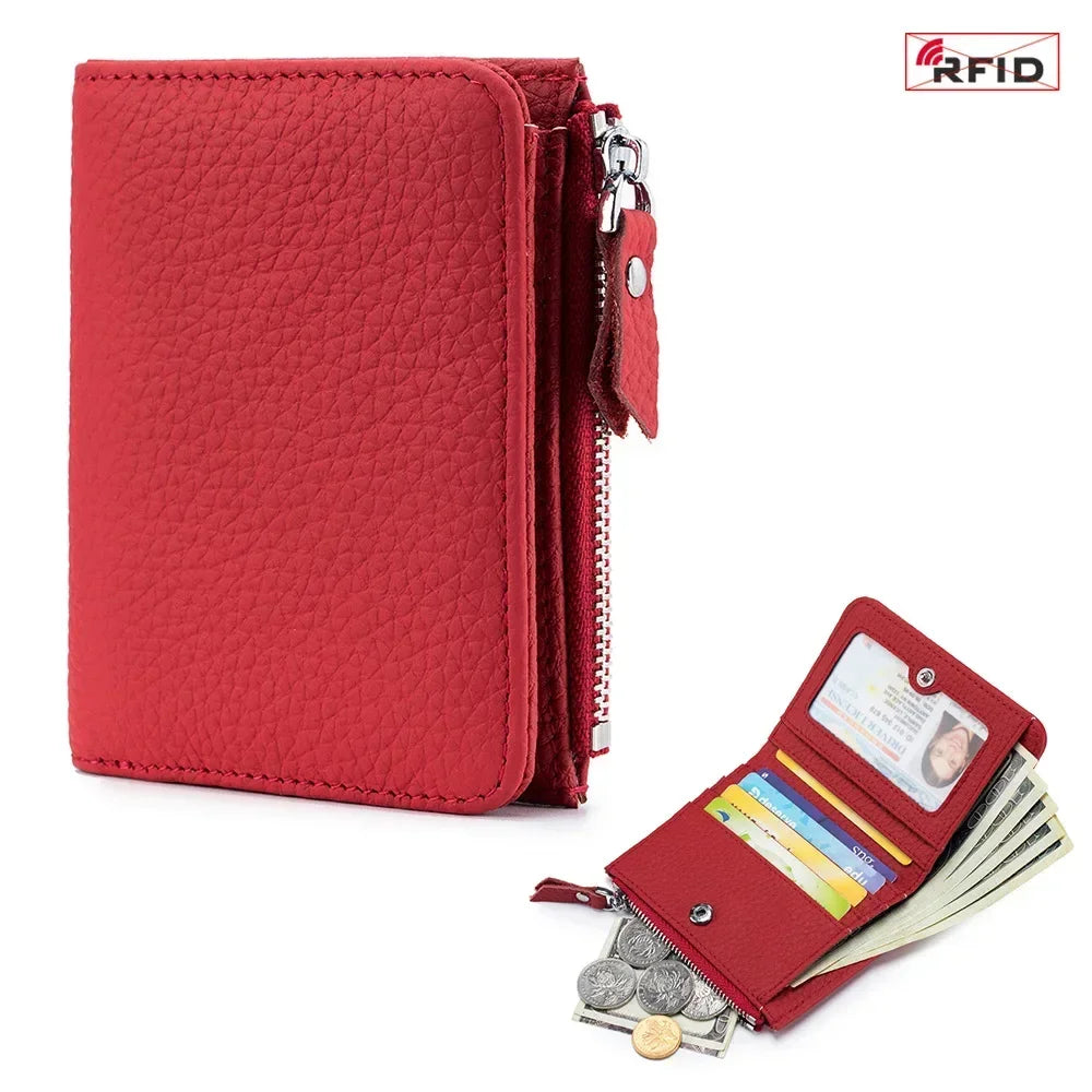 Compact RFID Genuine Leather Zipper Wallet for Cards and Cash