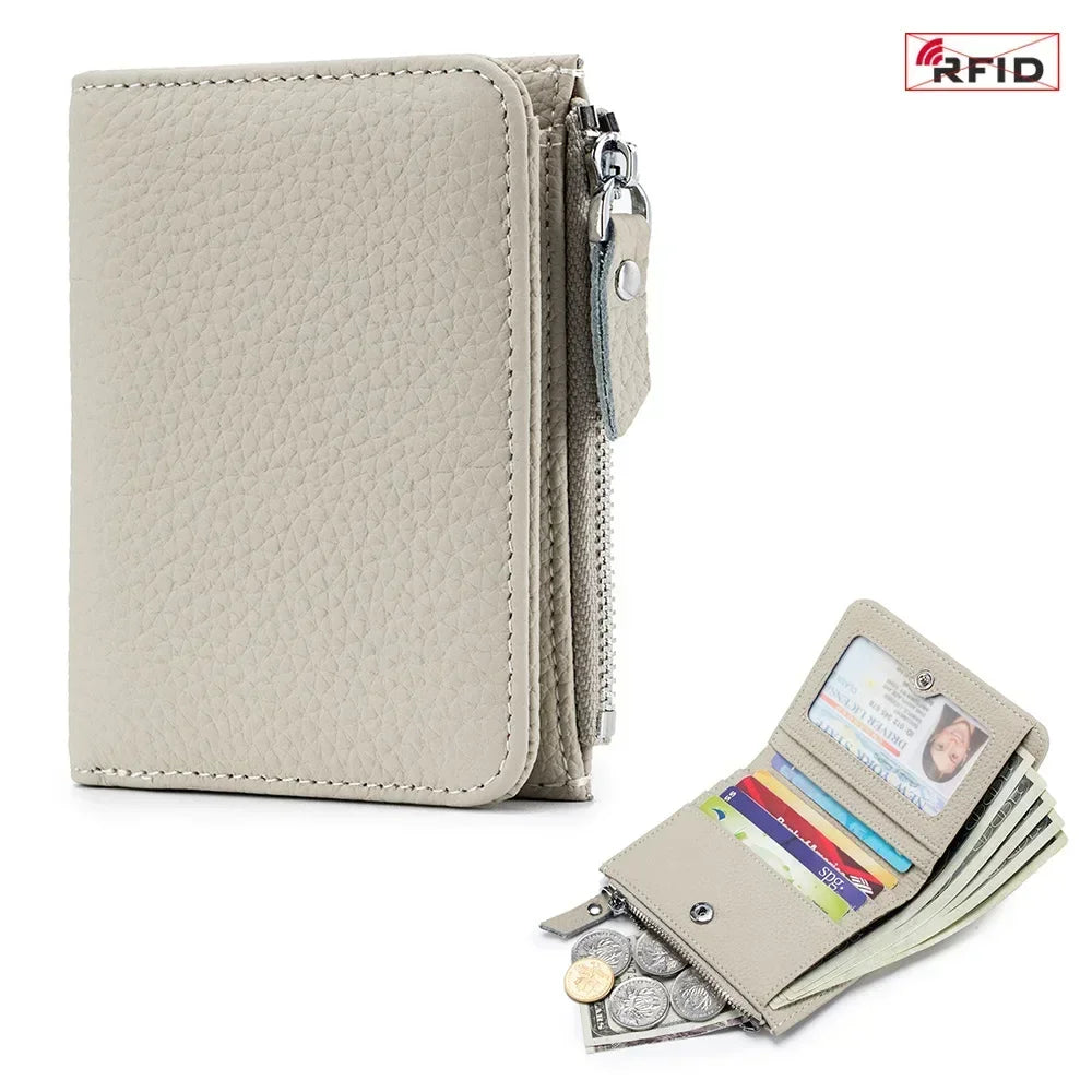 Compact RFID Genuine Leather Zipper Wallet for Cards and Cash
