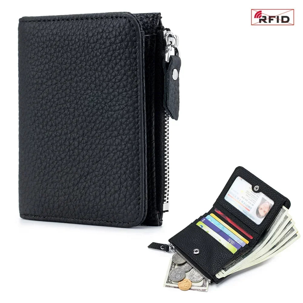 Compact RFID Genuine Leather Zipper Wallet for Cards and Cash