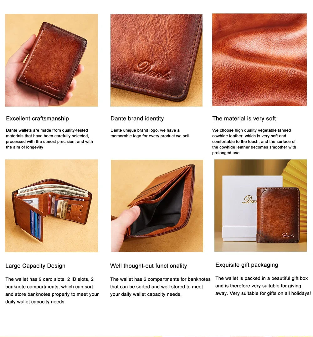 Genuine Leather Wallet for Men – RFID Theft Protection, Retro, Multi-Function with Bill Clips