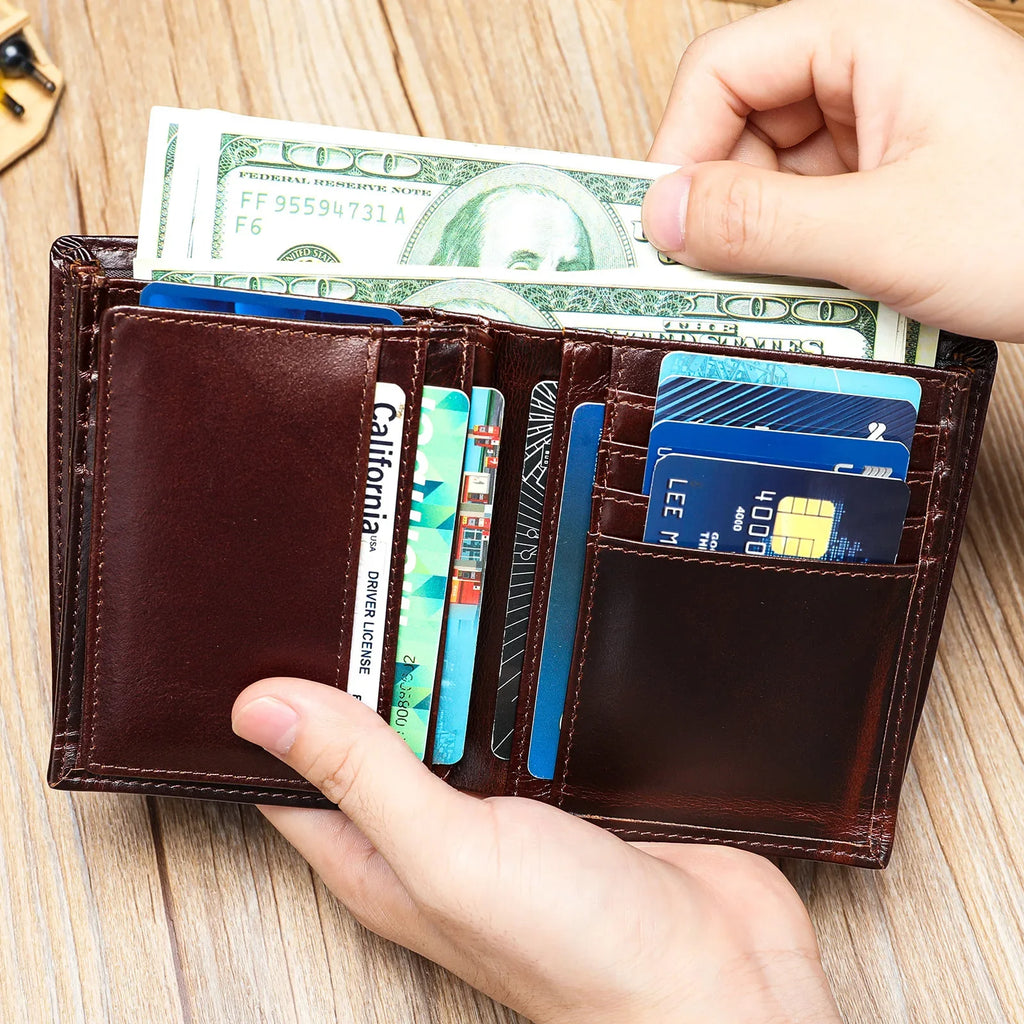 Men's RFID Leather Wallet – Genuine Cowhide, Vintage Design, Horizontal Fold