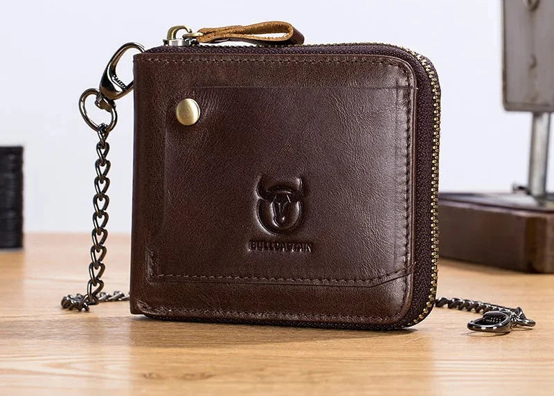 Men's Genuine Leather RFID Wallet with Compact Vintage Zipper Chain