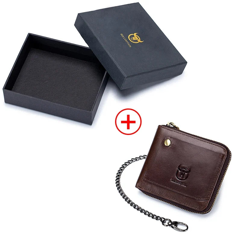 Men's Genuine Leather RFID Wallet with Compact Vintage Zipper Chain