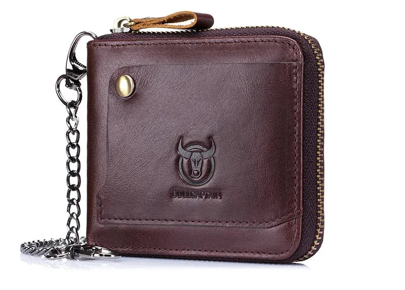 Men's Genuine Leather RFID Wallet with Compact Vintage Zipper Chain Image