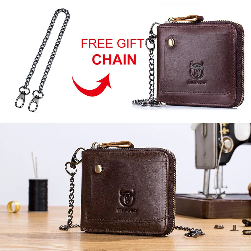 Men's Genuine Leather RFID Wallet with Compact Vintage Zipper Chain