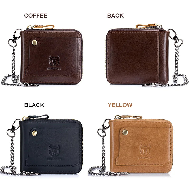 Men's Genuine Leather RFID Wallet with Compact Vintage Zipper Chain