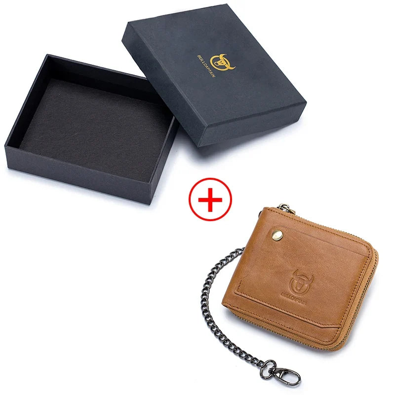Men's Genuine Leather RFID Wallet with Compact Vintage Zipper Chain