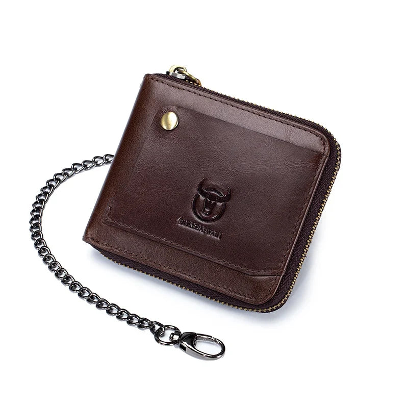 Men's Genuine Leather RFID Wallet with Compact Vintage Zipper Chain