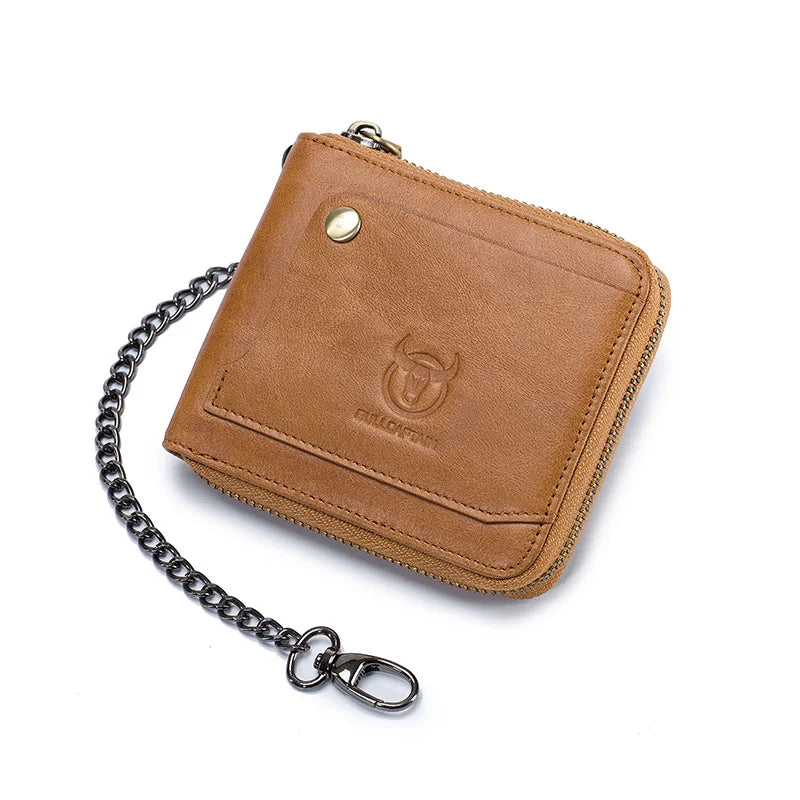 Men's Genuine Leather RFID Wallet with Compact Vintage Zipper Chain