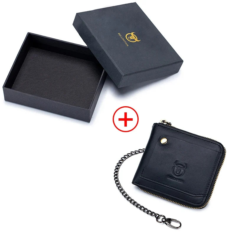 Men's Genuine Leather RFID Wallet with Compact Vintage Zipper Chain