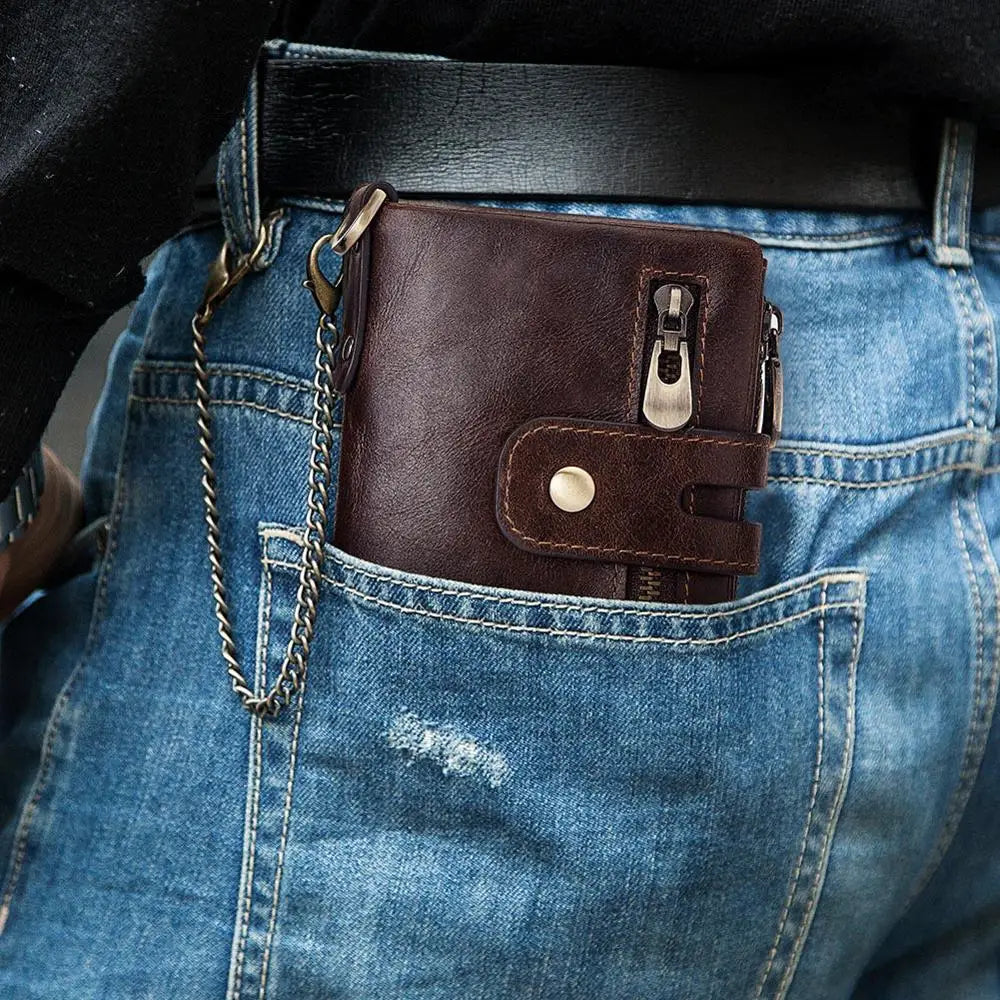 Men's Genuine Leather RFID Wallet with Zipper Chain, Customizable