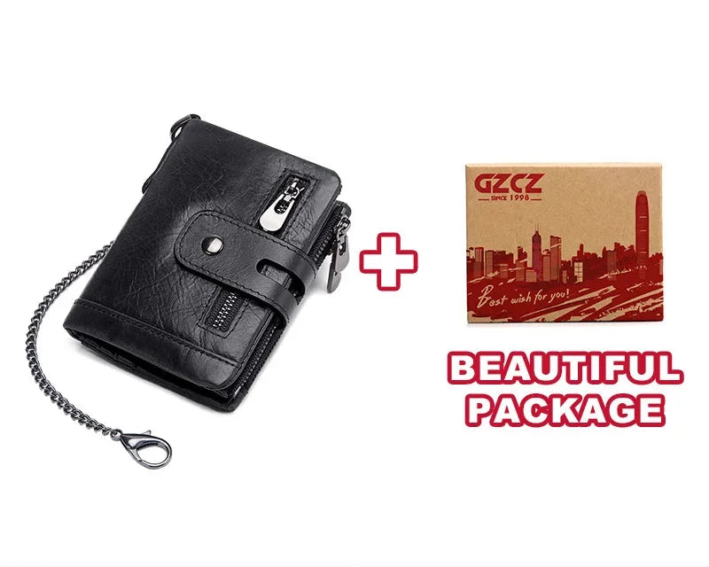Men's Genuine Leather RFID Wallet with Zipper Chain, Customizable