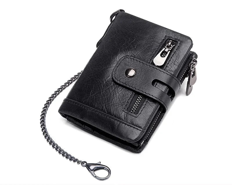 Men's Genuine Leather RFID Wallet with Zipper Chain, Customizable