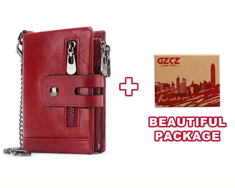 Men's Genuine Leather RFID Wallet with Zipper Chain, Customizable
