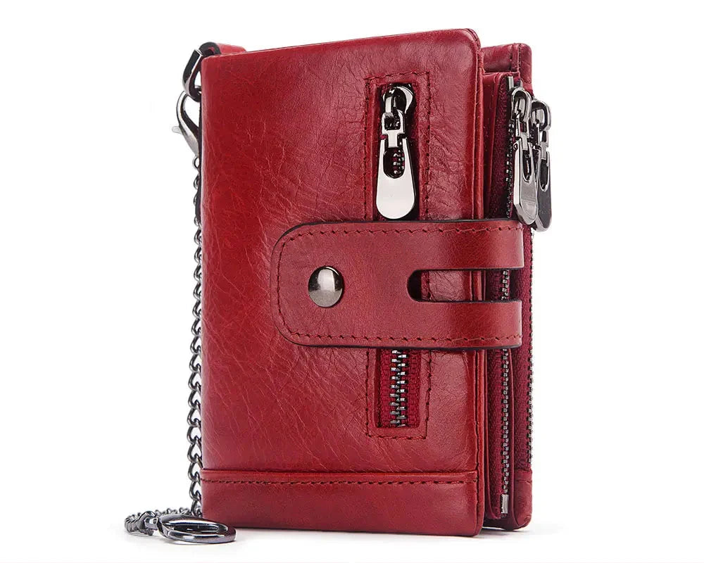 Men's Genuine Leather RFID Wallet with Zipper Chain, Customizable