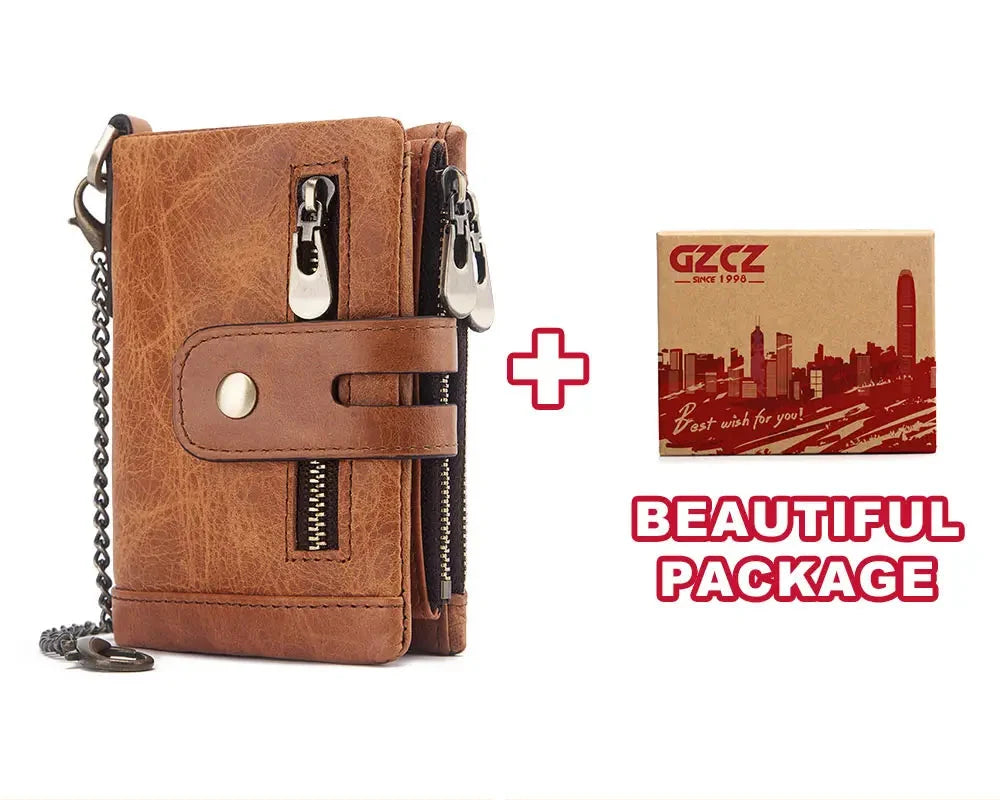 Men's Genuine Leather RFID Wallet with Zipper Chain, Customizable