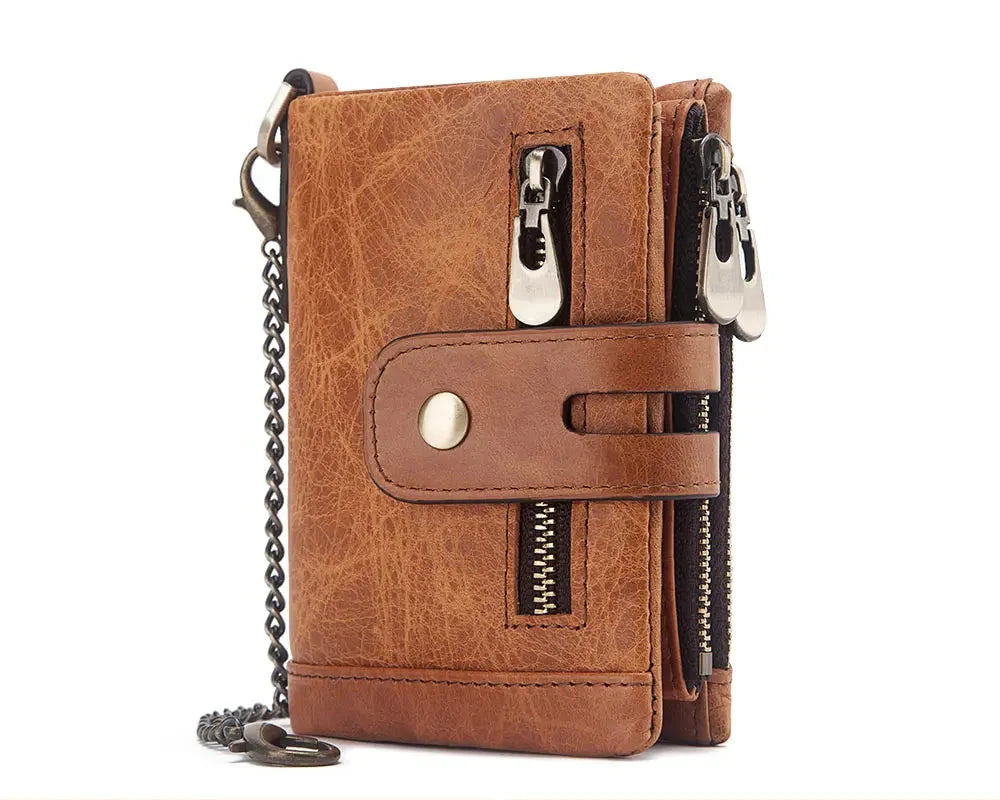 Men's Genuine Leather RFID Wallet with Zipper Chain, Customizable