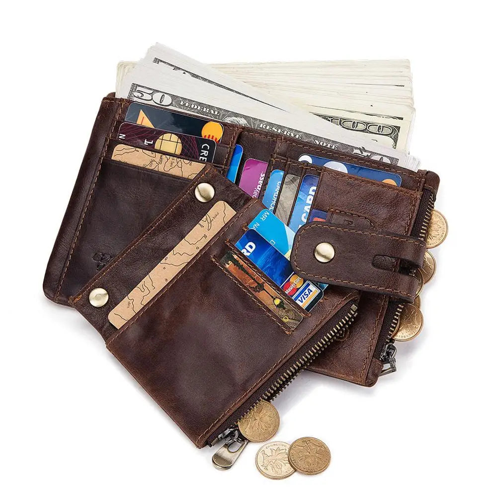 Men's Genuine Leather RFID Wallet with Zipper Chain, Customizable