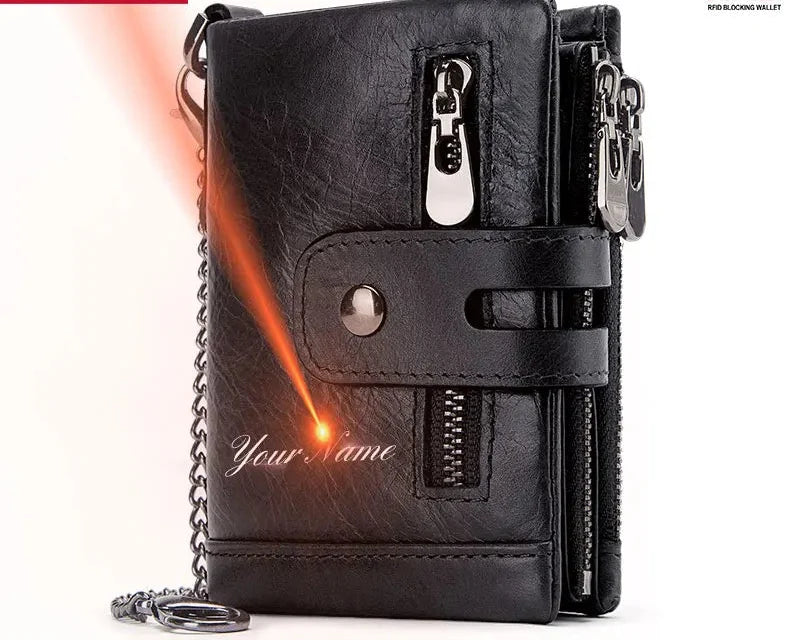 Men's Genuine Leather RFID Wallet with Zipper Chain, Customizable Image