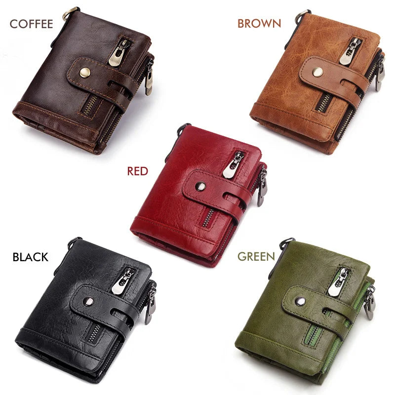 Men's Genuine Leather RFID Wallet with Zipper Chain, Customizable