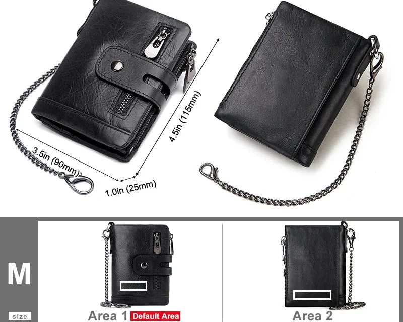 Men's Genuine Leather RFID Wallet with Zipper Chain, Customizable