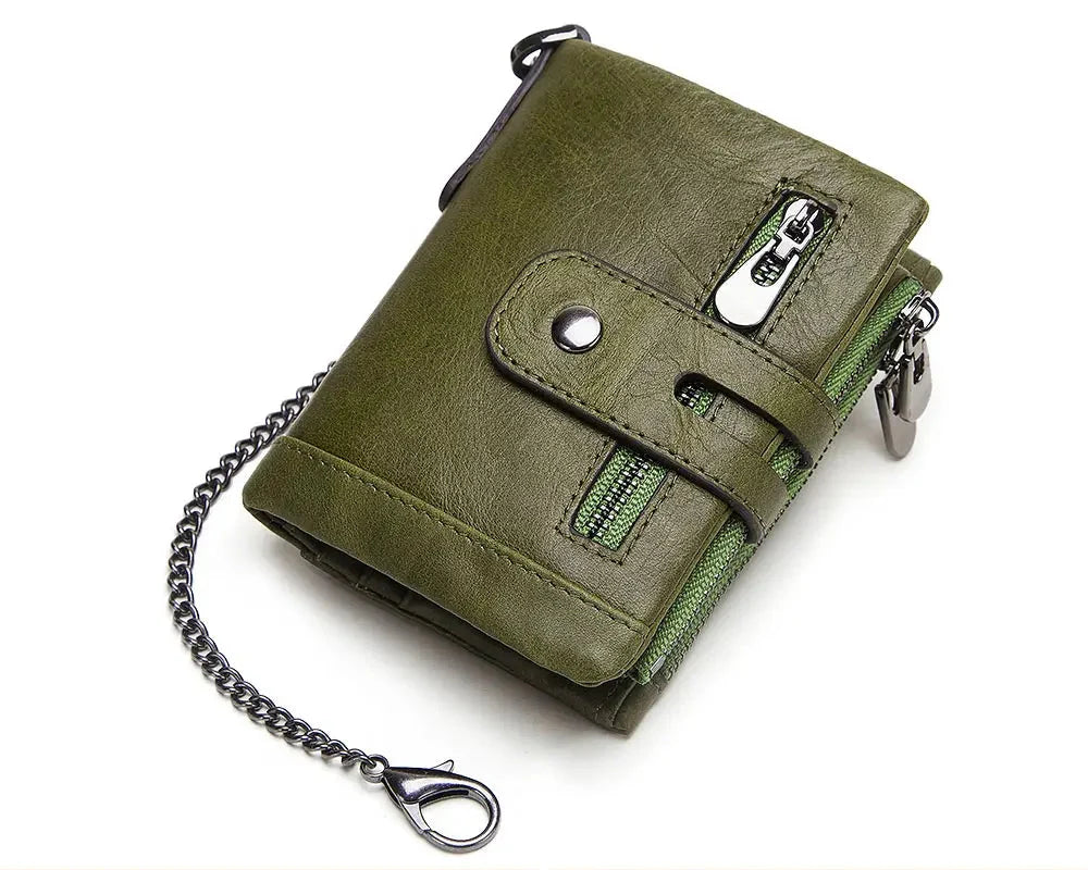 Men's Genuine Leather RFID Wallet with Zipper Chain, Customizable