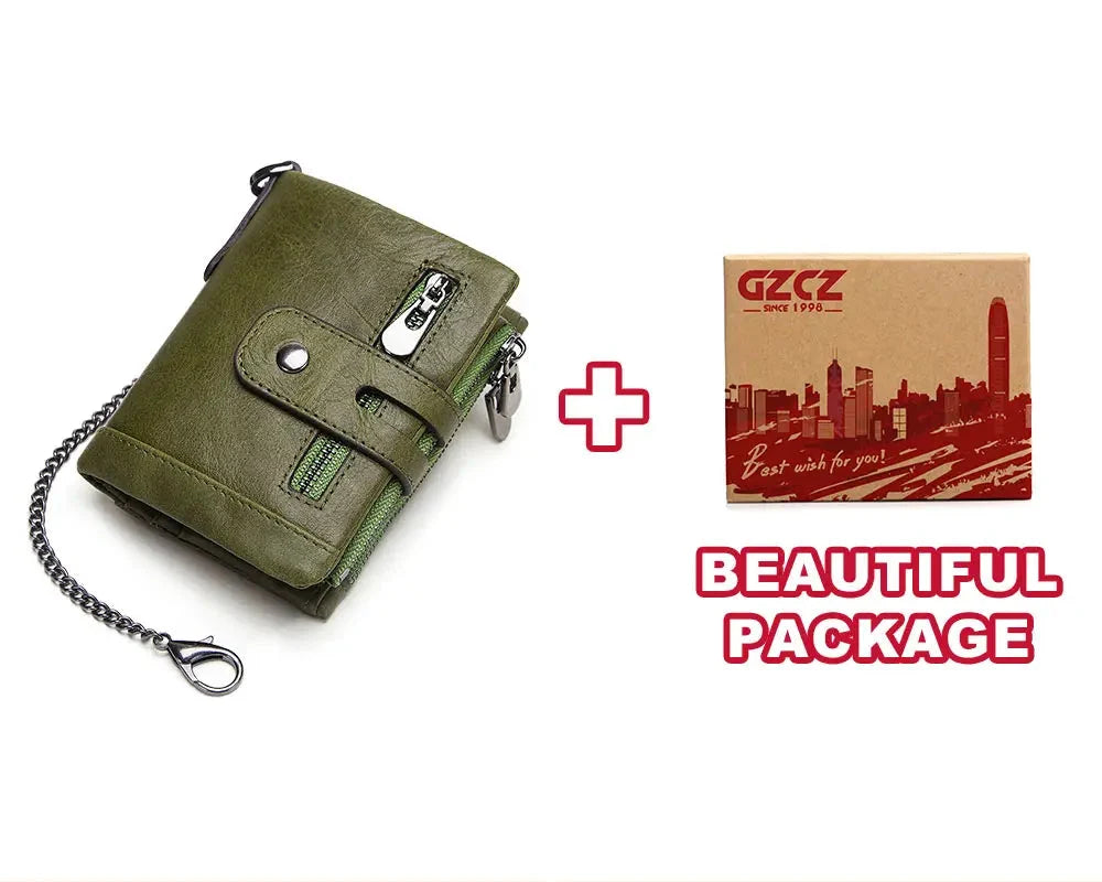 Men's Genuine Leather RFID Wallet with Zipper Chain, Customizable