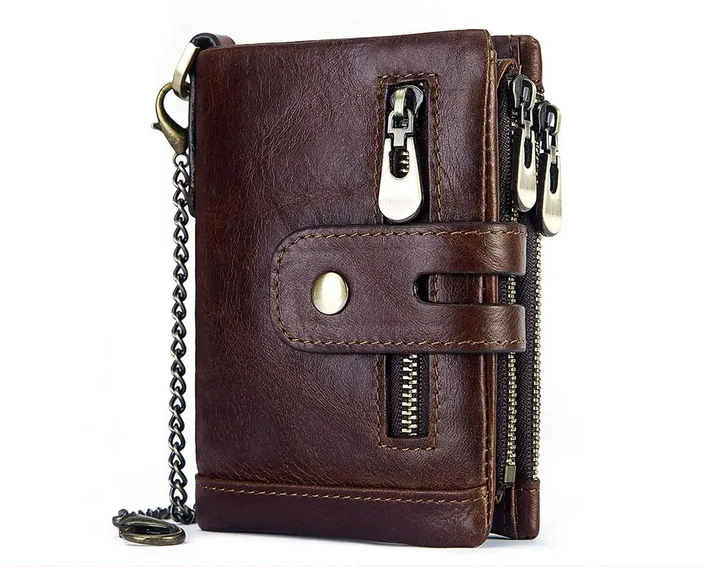 Men's Genuine Leather RFID Wallet with Zipper Chain, Customizable