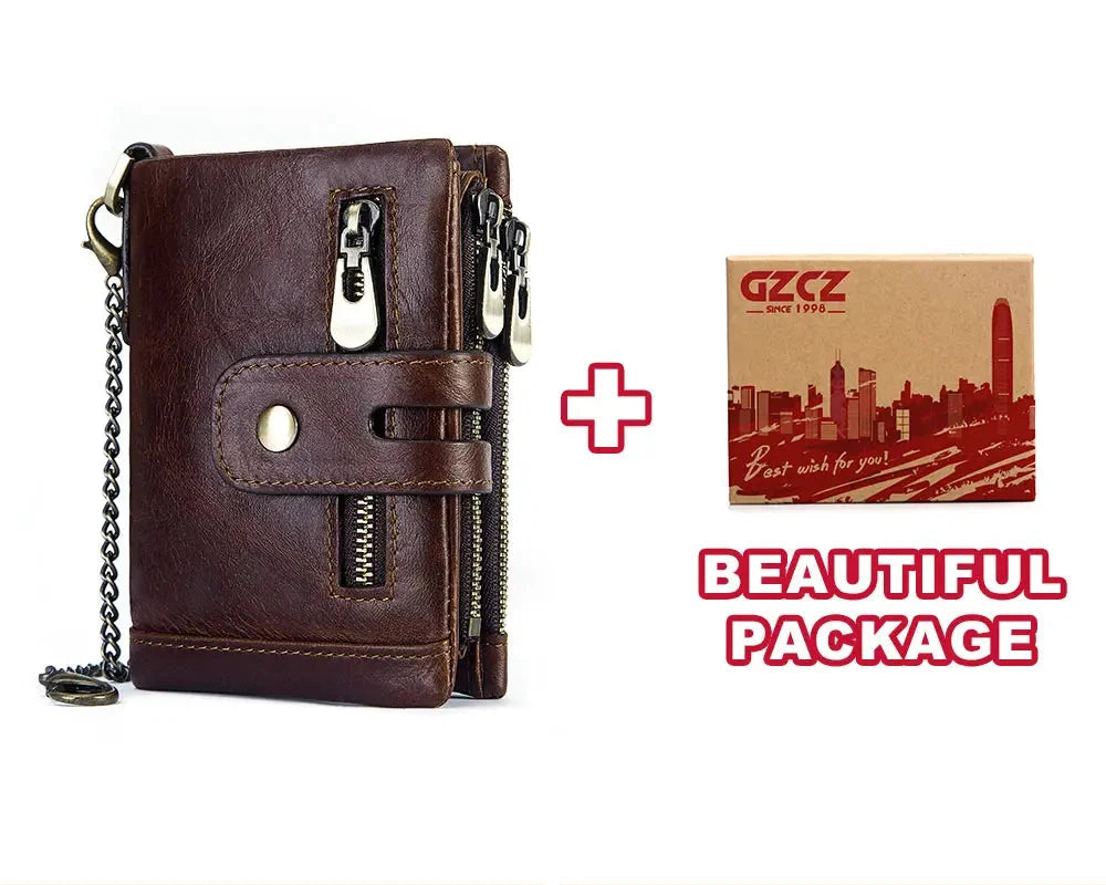 Men's Genuine Leather RFID Wallet with Zipper Chain, Customizable