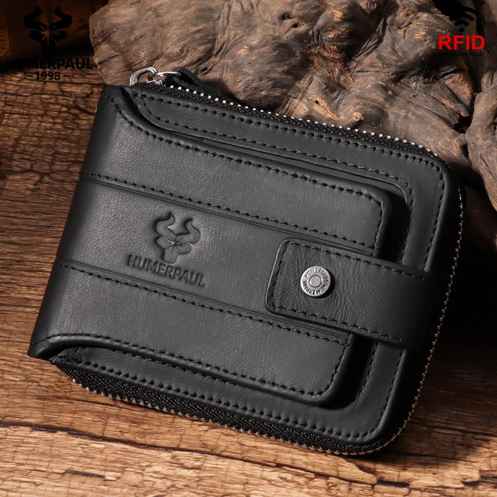 Men's Genuine Leather RFID Large Capacity Zip and Snap Wallet