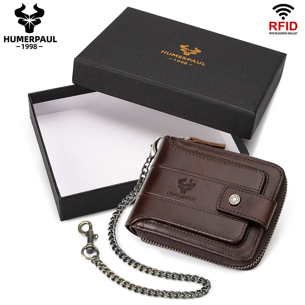Men's Genuine Leather RFID Large Capacity Zip and Snap Wallet